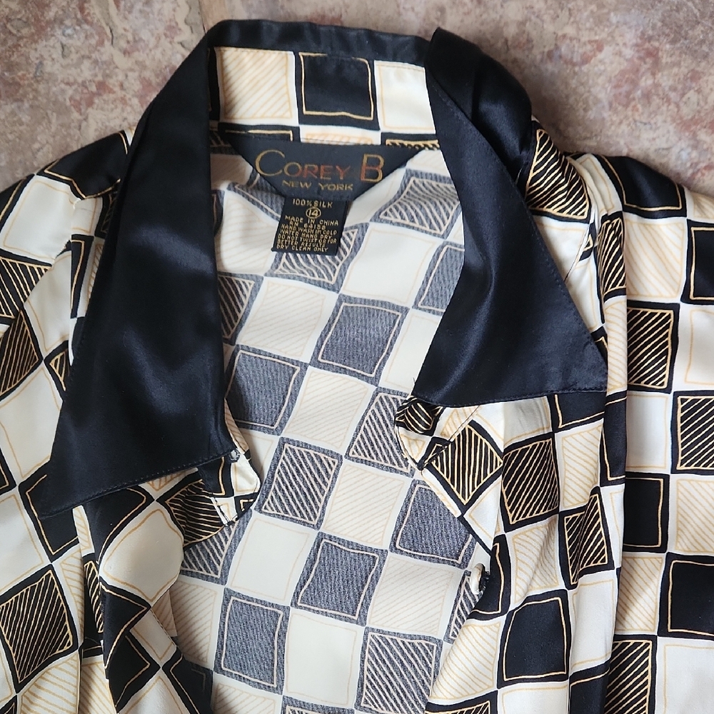 Corey B New York Black & Cream Geometric Silk Blouse